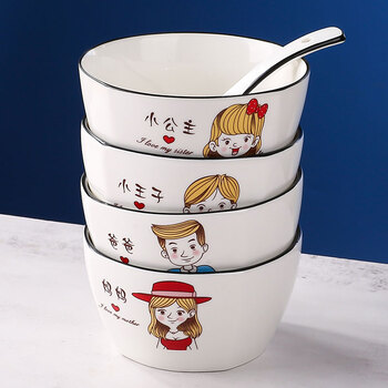 Dining general parent-child bowl set household tableware spoon family of four ceramic square bowl 4-piece set matching spoon