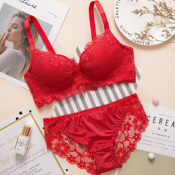 Maolu brand original bra, victoria underwear, women's new style, no steel ring, sexy lace flower bra set, wedding year, comfortable small breast push-up adjustable underwear, big red set 38/85ab
