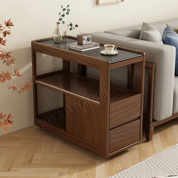 Tuoxiang all solid wood sofa side cabinet slate side table modern chinese living room coffee table walnut movable corner table side table walnut color - width 30*depth 68*height 59cm black slate (with wheels) fully equipped