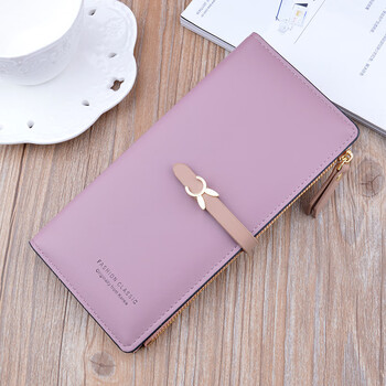 New women's wallet female long korean style student fashion zipper buckle thin wallet multi-card slot soft leather wallet card holder purple