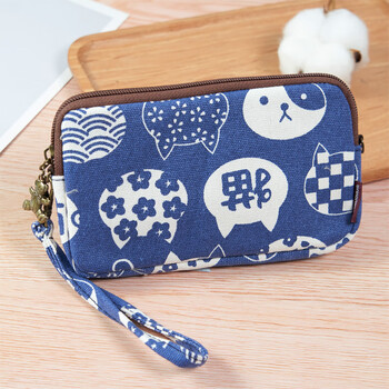 Shu guo er korean style fresh mobile phone bag for women, mini size, large canvas for small change, simple mobile phone bag, blue cloth cat double zipper large size