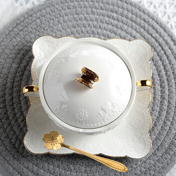 Jiayi chulian ceramic dessert bowl, water-proof stew pot, bird's nest bowl, double-ear soup cup, pure white bowl and dish set, household white fungus bowl, steamed egg bowl, golden tripod covered bowl + gold square plate + cherry blossom spoon