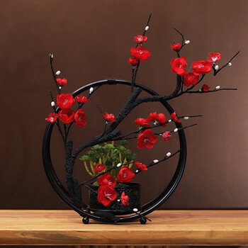 New chinese style simulated plum blossom iron bonsai ornaments indoor decoration flowers fake flowers living room entrance soft decoration decoration red plum blossom (including iron ring)