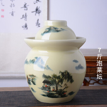 Allfond jingdezhen ceramic pickle jar sauerkraut salted duck egg pickling jar old-fashioned sealed moisture-proof household storage jar with lid 7 pounds huangshan water pickle jar