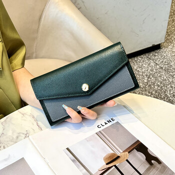 Sephoron cowhide long hand wallet for women, versatile 2026 new large capacity for mobile phone, ultra-thin thin wallet handbag, green with aqua blue dc5a561405