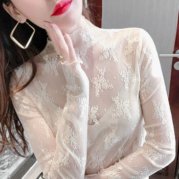 Ukcf half turtle collar bottoming shirt women's thin white half turtle collar lace bottoming shirt women's summer thin style inner sexy mesh top with wooden ears, apricot m 100-110