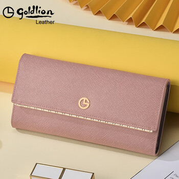 Goldlion wallet women's long style 2025 new high-end genuine leather brand handbag premium card holder women's day gift for girls taro pink