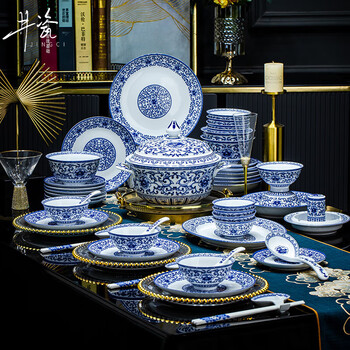 Jingci jingdezhen chinese blue and white porcelain tableware set chopsticks dishes bowls high-end hotel housewarming wedding gift ruyi peony 丨 10 people 丨 80 heads