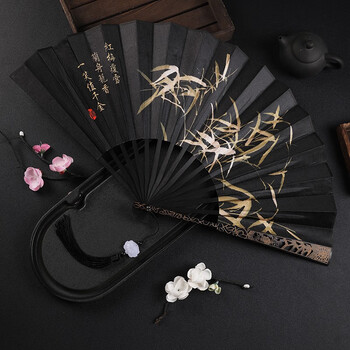 Linmudao shen qingqiu and shen lanzhou hanfu folding fan will enter wine silk cloth ancient fan bone hollow ancient costume bamboo folding fan black with lotus fan pendant