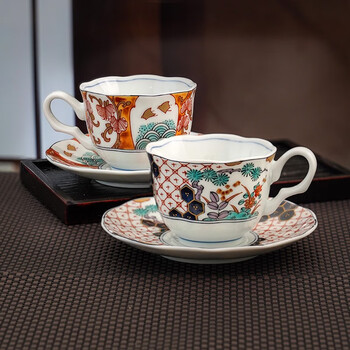 Mino yaki japan imported palace-style ancient imari ceramic coffee cup and saucer two-piece gift box set high-end infection jin ancient imari cup and saucer pair