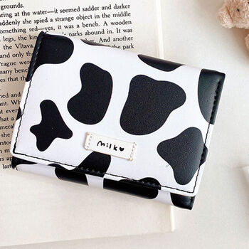 Shuguoer japanese and korean ins cow short wallet student personality cute folding snap type pu card bag girl wallet black and white cow (30% off coin purse)