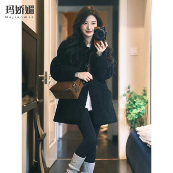 Majiaomei lamb wool jacket women's mid-length 2024 new winter korean style loose casual temperament horn button cotton clothes women 3287 black m