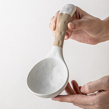 Youcci retro coarse pottery long-handled large spoon household large soup spoon ceramic thickened rice spoon porridge spoon coarse pottery crescent moon large spoon - white
