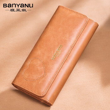 Banyanu women's long wallet 2025 new korean style cowhide multi-card slot functional snap wallet retro women's clutch fashion brown-(anti-theft brush)