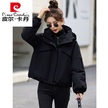 Pierre cardin parka women's 2025 winter new short style small padded jacket jacket loose velvet thickened padded jacket black l recommended 111-125 catties