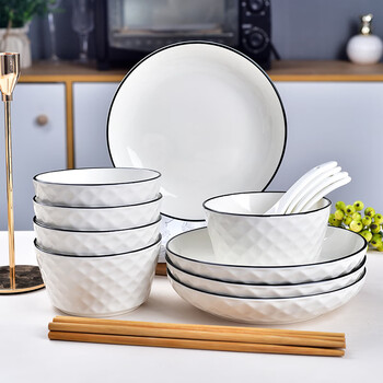 Sujiang sujiang ceramic rice bowl household soup bowl noodle bowl tableware set underglaze color stroke tableware eating rice breakfast bowl rose 16-piece set (4 bowls 4 plates 4 spoons 4 chopsticks)