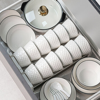 Guanpu bowl and dish set household jingdezhen bowls high-value ceramic bowls and plates bowls and chopsticks plate set housewarming tableware set diamond pattern 12 people food (soup pot configuration) 63-piece set