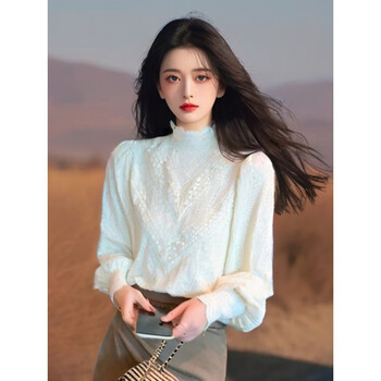 Xiao yu (xiaoyu) 2025 autumn and winter new style half turtleneck lace plus velvet thickened bottoming shirt for women with inner and outer t-shirts, apricot m 98-108 pounds