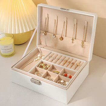 Bao beile jewelry box storage box high-end lockable gold earrings nail hand jewelry necklace exquisite large capacity light luxury jewelry box double layer lockable storage box-pearl white