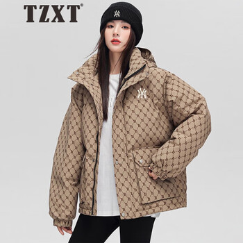 Tzxt trendy brand short hooded down jacket for women loose autumn and winter new casual white duck down thickened warm jacket top khaki removable hood m recommended 90-125 pounds