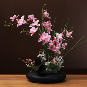 Phalaenopsis artificial flower potted flower arrangement set living room dining table hotel tabletop floral decoration floral ornaments black porcelain + light pink flowers