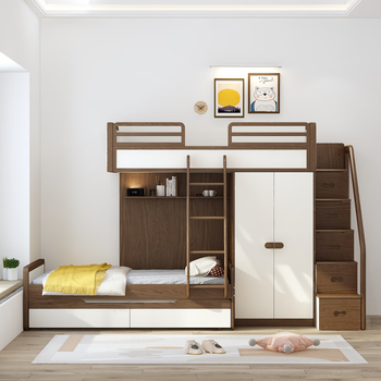 Dumb bear parallel bed multifunctional small apartment children's bed solid wood high and low bed with wardrobe upper and lower beds nordic simplicity walnut color double wardrobe bed upper bunk 1200*1900 lower bunk 1200*1900