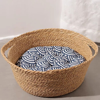 Tiger pet rattan cat nest, universal for all seasons, spring cat house, cattail mat, kennel, cat scratching board, summer pet bed, cat supplies, finely woven cattail cat box + japanese style warm sleeping pad, medium size, suitable for 7-15 pounds