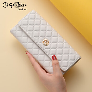 Goldlion women's wallet long 2025 summer new genuine leather multifunctional large capacity wallet fashion popular clutch women white