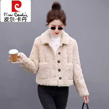 Pierre cardin lamb wool coat for women winter fur all-in-one 2025 new style petite short thickened imitation fur plush top beige s recommended within 95 pounds high quality