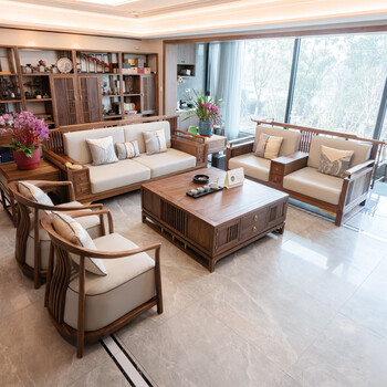 Zhiran new chinese solid wood sofa north american black walnut zen villa large modern living room sofa combination furniture black walnut wuli sofa seven-piece set