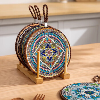 Wellmeet insulation mat ceramic high temperature resistant retro enamel chinese style high-end dining table anti-scalding pot holder casserole special bowl coaster 6 pieces + bamboo frame 6 colors each set