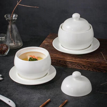 Amwell water-proof small stew pot ceramic one-person eating buddha jumps over the wall stew pot hotel bird's nest dessert bowl stew soup cup with lid pure white small ancient-shaped cup with plate-280ml