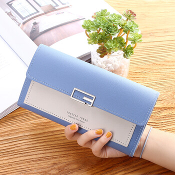 2021 new korean style women's wallet women's clutch long tri-fold wallet buckle multi-card slot coin purse blue