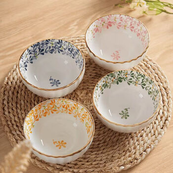 Sujiang ceramic plate household deep plate underglaze color tableware internet celebrity plate bowl suitable for microwave oven four seasons blossoms 4.5-inch bowl 4 pieces