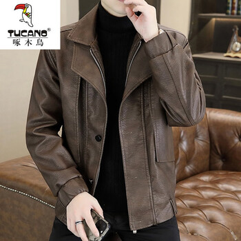Woodpecker leather jacket men's fur integrated velvet thickened jacket pishuai 2025 new winter windproof leather jacket 98819 coffee color 2xl 2xl about 130-150 pounds can be worn