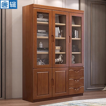 Tangji solid wood bookcase bookshelf floor-to-ceiling living room glass door display storage storage cabinet walnut color three doors