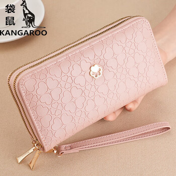 Kangaroo (kangaroo) new women's wallet long double zipper mobile phone bag student wallet large capacity clutch bag small coin purse pink