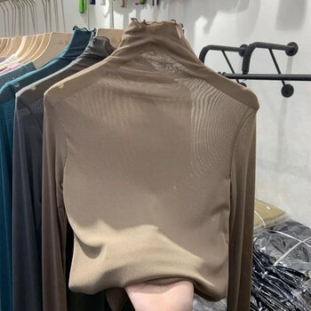 Lauaird 2023 spring new mesh lace bottoming shirt for women long-sleeved turtleneck with solid color long-sleeved style top khaki xl (recommended 111-120 pounds)