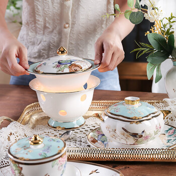 Juefei chinese household ceramic stew pot with lid, bird's nest bowl, hotel water-proof dessert cup, gold-painted bone china, steaming soup, blue buddha jumping over the wall stew pot
