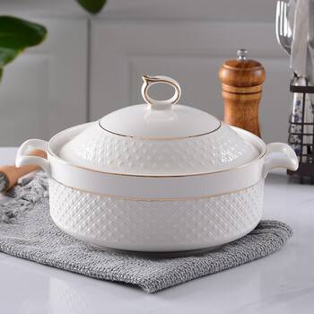 Icewell household soup bowl with lid, ceramic soup nest, creative stew pot, white large rice soup bowl, soup basin, microwave oven, 1500ml gold edge diamond style