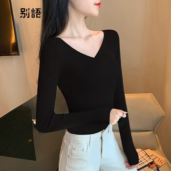 Bieyi black v-neck bottoming shirt for women in autumn and winter, long-sleeved and stylish 2026 new low-neck top, black double v-neck l (102-114 pounds)