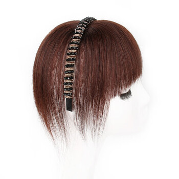 Fiber wig female bangs one-piece rhinestone headband replacement hair piece straight hair wig top cover white hair seamless replacement hair piece full real hair dark brown 25cm