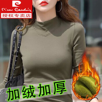Pierre cardin 37 degree constant temperature pure cotton half-high collar long-sleeved bottoming shirt autumn coat for women, versatile 2025 new style splicing for inner wear, bottoming shirt for women, autumn and winter inner wear 9989-military green, plus velvet, 3xl, yiwu bottoming shirt for women, recommended 135 145 catties