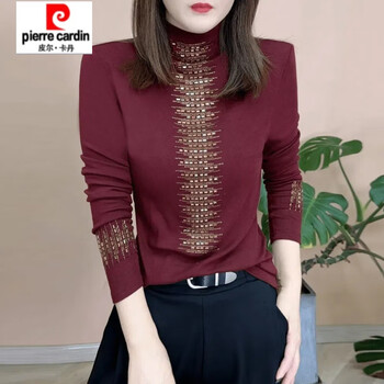 Pierre cardin half turtle collar german velvet bottoming shirt women's autumn and winter 2025 new fashionable fashionable belly covering brushed and hot diamond shirt ankola red 2xl 125 to 140 jin