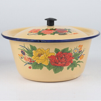 Chongde thickened old-fashioned nostalgic enamel covered basin with lid lard bowl, dumpling stuffing basin, hot pot, spicy hot pot, fried medicine bowl and basin 14cm yellow covered basin/random color (1 piece)