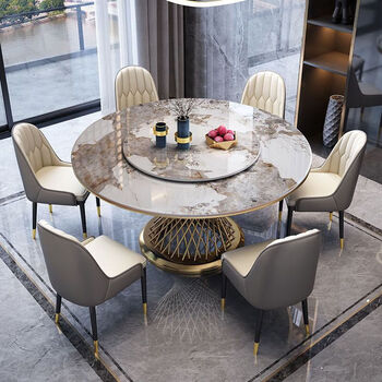 Nordic marble dining table and chair combination italian round table modern simple home with turntable round slate dining table light luxury slate with gold ring 1.2m single table with turntable included