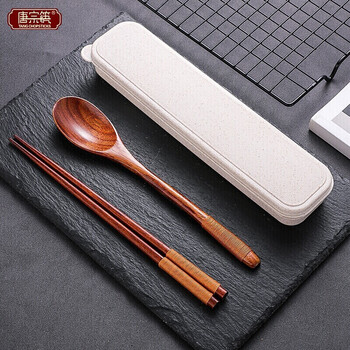 Tang zong chopsticks portable tableware set phoebe chopsticks spoon solid wood set single primary school student children's chopstick box three-piece set threaded style 3-piece set