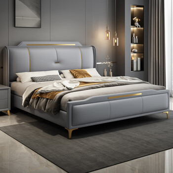 Lanxiu famous craftsman double bed master bedroom leather bed modern simple light luxury minimalist soft bed storage wedding bed solid wood leather art bed bed+latex mattress+bedside table*2 1.8m*2m frame style