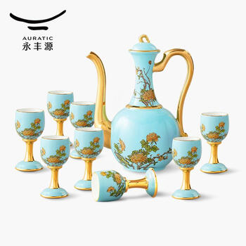 Mrs. yongfengyuan porcelain-west lake blue 10-piece wine set household chinese-style white wine glass and jug high-end light luxury wine cup and wine set