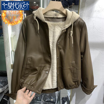 Modal sherpa short coat for women autumn and winter 2025 new velvet motorcycle jacket hooded leather jacket versatile loose leather top 4806# coffee color (plus velvet to keep warm) plus velvet l recommended 100-115 pounds